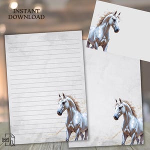 Papier à lettre gracieux cheval gris - Papeterie imprimable, jeu d'écriture équestre, téléchargement numérique, avec ou sans doublure, lettre US et A4, enveloppe