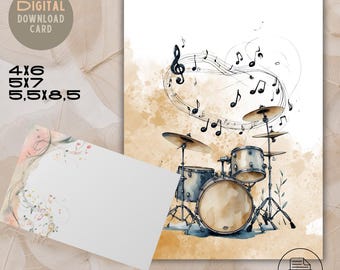Cartão comemorativo com bateria em aquarela: design de notas musicais (download digital)