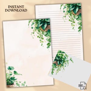 Papel de carta para composição floral de plantas domésticas | Papelaria para impressão | Download digital | Pautado e sem pauta | Papel de carta botânico | Envelope