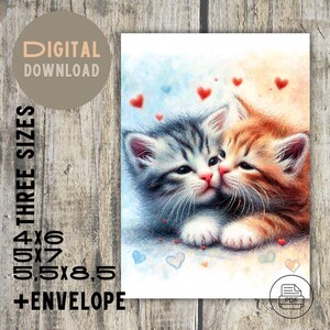 Verliefd stel kittens | Afdrukbare Valentijnsdagkaart, Digitale download, pdf van 4 x 6, 5 x 7, 5,5 x 8,5 | + Enveloppen, perfect voor Valentijnsdag