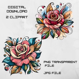 2 Picasso style Rose Clip Art Set - PNG Transparent Files - JPGs - 300 DPI, Digital Watercolor Roses for Crafts, Invitations & Home Décor