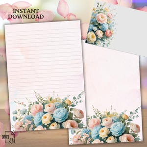 Dreamy Flowers Letter Paper Set – Printable Stationery with Lined and Unlined Pages + Envelope – US Letter & A4 Sizes – PDF Download, Note