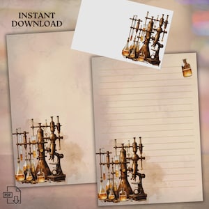 ensemble de papier à lettres scientifique vintage | Papeterie de laboratoire Steampunk imprimable | ligné + non doublé + enveloppe | Téléchargement numérique PDF