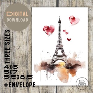 Cartão de saudação de amor em Paris para o Dia dos Namorados | Saudação para impressão em 3 tamanhos (4x6, 5x7, 5,5x8,5) com envelope correspondente | Download digital em PDF