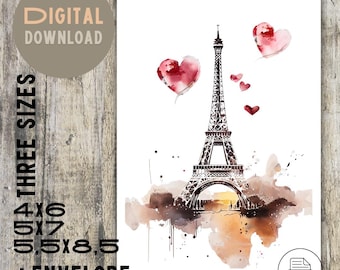 Tarjeta de San Valentín "Amor en París": Corazones de la Torre Eiffel (Descarga digital en PDF)