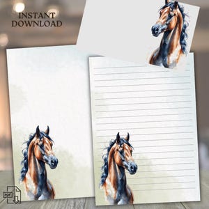 Confezione di carta da lettere stampabile con cavallo marrone - Set di cancelleria, carta per diario, carta per appunti, carta non rigata e rigata PDF, + busta