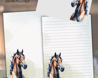 Set de papelería con temática de caballos: papel rayado y liso, sobre (PDF)