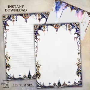 Juego de papelería de estilo gótico de principios del siglo XII: descarga digital, elegante PDF con páginas rayadas y en blanco, + sobre para manualidades, tamaño carta de EE. UU.