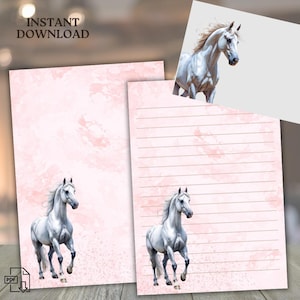 Elegante carta da lettere con cavallo grigio – cancelleria stampabile, set di scrittura equestre, download digitale, a righe, non a righe, lettera USA e A4, busta