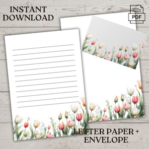 Juego de papel para cartas con diseño de tulipanes de primavera, para imprimir, descarga instantánea, tamaño carta de EE. UU., páginas rayadas y sin rayar + sobre de 5 x 7 / formato PDF