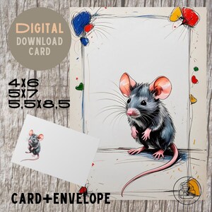 Jolie carte grise souris - PDF à téléchargement immédiat, 3 tailles + enveloppe cadeau ! - Téléchargement et impression instantanés !| PDF imprimable, impression, carte pour enfants