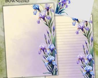 Letter Paper Set Blue Iris Flowers – Printable Stationery with Lined and Unlined Pages + Envelope – US Letter & A4 Sizes – PDF Download
