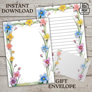 Sentimientos de primavera, flores, flores silvestres, papelería para cartas, descarga instantánea en tamaño carta de EE. UU. 8,5 x 11, notas para álbum de recortes imprimibles A4, + sobre