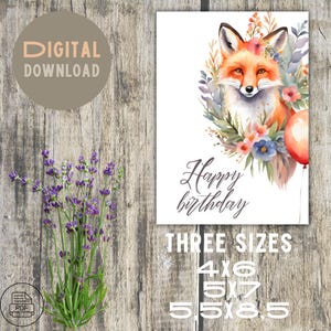 Celebrate with Greeting Birthday Card an Elegant Fox - Instant PDF Download, Three Sizes - Digital, Printable, Just Print and Fill
