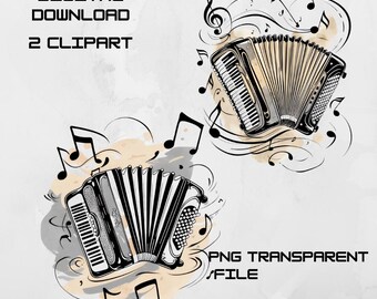 Accordion Clipart, Watercolor Accordion PNG & JPG, Music Notes Clipart, Folk Music Art, Vintage Instrument, Digital Download, 300 DPI