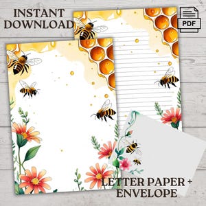 Paquete de papelería imprimible con diseño de abejas: descarga digital para notas y cartas + sobre, formato PDF, tamaño carta de EE. UU., páginas rayadas y sin rayar
