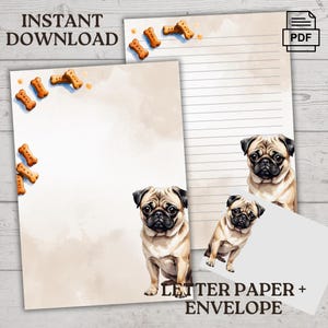 Schattige mopshond briefpapier - afdrukbare hond briefpapier set - briefpapier en envelop - digitale download pdf - gelinieerd en ongevoerd