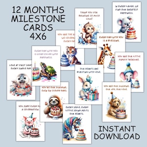 Cartes d'étape mensuelles pour bébé, cartes d'étape pour bébé de 12 mois, - PDF imprimable + enveloppe, téléchargement immédiat imprimable, anniversaires mensuels