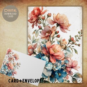 Carte de voeux avec enveloppe Fleurs panachées | Fleurs pastel à l'aquarelle | anniversaire, merci, carte d'anniversaire | Téléchargement instantané PDF