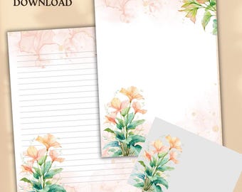 Briefpapier mit Blumenmotiv | Druckbares Briefpapier | Digitaler Download | Liniert & Ungefüttert | Briefpapier mit Blumen | Umschlag