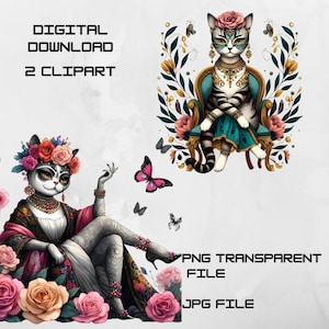 Feminine Cat illustration Clipart Set - 2 Unique Digital Downloads - PNG Transparent & JPG,300 DPI - Perfect for Papercraft, junk journal