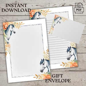 Carta da lettere Twin Horses, carta intestata, appunti, un set di cancelleria, download immediato, formato lettera USA, 8,5 x 11, busta regalo, amanti dei cavalli