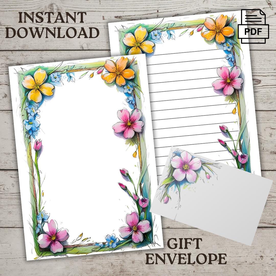 Feelings of spring bloom, letter stationery, download in US letter size 8.5 x 11,  A4 Printable Scrapbook Note, + Envelope, writing paper