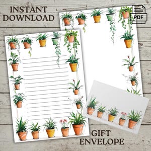 Papel de carta con plantas de interior para imprimir - Juego de papelería / Sobre de regalo / 8,5 x 11, Descarga instantánea / Tamaño carta de EE. UU., A4, Con y sin líneas