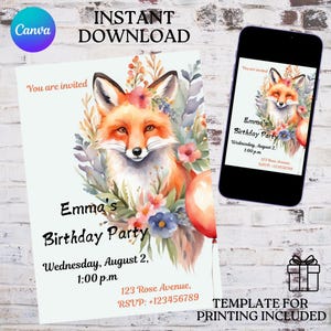 Invito digitale personalizzato a tema volpe / Modificabile e stampabile 5x7 / Adatto ai dispositivi mobili. Regalo: modello di stampa biglietto 5x7 gratuito, download immediati