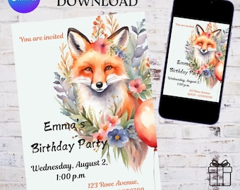 May include: A digital birthday party invitation template featuring a watercolor fox surrounded by colorful flowers and a red balloon. The text reads: You are invited, Emma's Birthday Party, Wednesday, August 2, 1:00 p.m., 123 Rose Avenue, RSVP: +123456789.