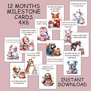 Cartes d'étape mensuelles pour bébé, cartes d'étape de 12 mois, - PDF imprimable + enveloppe, imprimable téléchargement immédiat, anniversaires de petites filles