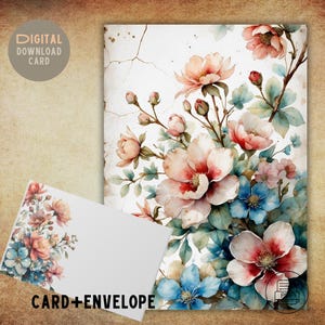 Carte de voeux florale avec enveloppe imprimable | Fleurs pastel à l'aquarelle | anniversaire, merci, carte d'anniversaire | Téléchargement instantané PDF