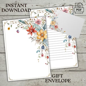 Set di lettere di carta con sentimenti floreali vintage / PDF stampabile per appunti personali / A4 US Letter, busta personalizzata, US Letter, A4