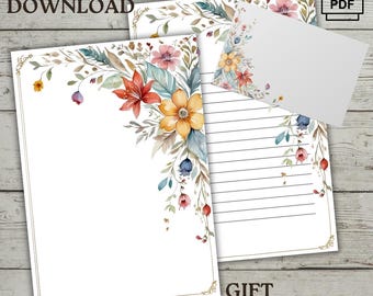 May include: Stationery set featuring a blank sheet and a lined sheet, both decorated with watercolor floral arrangements in shades of orange, yellow, pink, and blue. A matching blank rectangular card with floral accents is included in the set.