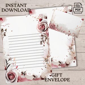 Briefpapier Set Vintage Blumen, Beige Rosen, sofort druckbare PDF für Briefe - Notizen, elegantes PDF mit linierten und leeren Seiten, benutzerdefinierter Umschlag