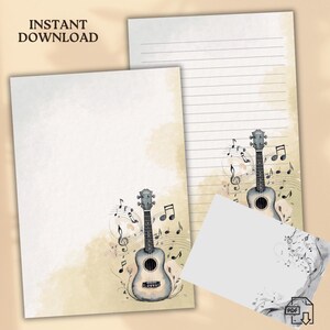 Peut inclure: Papier à lettres imprimable avec une illustration aquarelle d'un ukulélé avec des notes de musique sur un fond beige. Le texte "INSTANT DOWNLOAD" est en haut de la page.