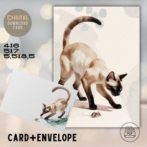 Carte de voeux gracieux chat siamois avec souris – imprimable | Art élégant de chat | Téléchargement numérique, 4 x 6, 5 x 7, 5,5 x 8,5 | Parfait pour toutes les occasions