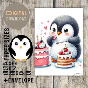 Adorable Penguin Watercolor Greeting Card with Matching Envelope - Instant Download, Print at Home with Delicious Cake Design,
