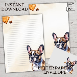 Niedliche Französische Bulldogge Briefpapier - Druckbares Hunde Briefpapier Set - Briefpapier Umschlag - Digitaler Download PDF - Liniert und unliniert