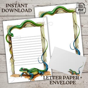 Set di carta intestata stampabile con lucertola e serpente, anfibi / Busta regalo / 8,5 x 11, carta da lettere / formato lettera USA, con e senza righe