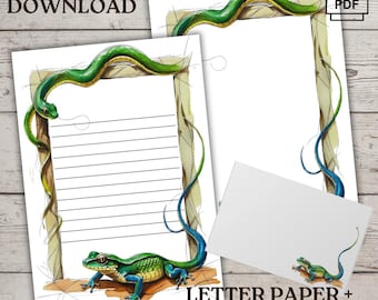 Lizard and Snake, amphibians Letterheads Printable Set | Gift Envelop | 8.5 x 11,  Letter Paper | US Letter Size, With and without lines