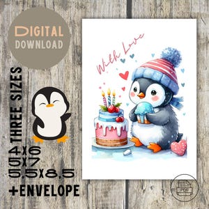 Encantadora tarjeta de felicitación de pingüino para todas las ocasiones: imprímela en casa con un bonito diseño de pastel, perfecta para cumpleaños, días festivos y aniversarios