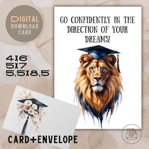 Printable Graduation Card | Wise Lion with Cap  | Motivational Quote | Digital Download | 4x6, 5x7, 5.5x8.5 | Envelope Included, Greetings