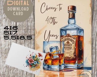 Whisky 40e verjaardagskaart voor hem: afdrukbare pdf met envelop
