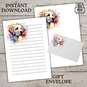 Set di carta intestata Labrador floreale stampabile / Busta regalo / 8,5 x 11, carta da lettere download immediato / formato lettera USA, con e senza righe