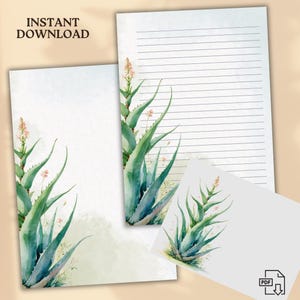 Papel de carta Aloe Vera | Papelaria para impressão | Download digital | Pautado e sem pauta | A4 e US Letter | Papel de carta botânico | + Envelope