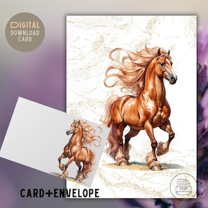 Carte de voeux cheval fougueux - art équin imprimable, fond de poussière d'or rougeâtre, téléchargement numérique, carte à faire soi-même pour toute occasion, amateurs de chevaux