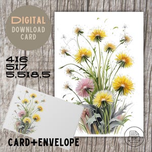 Carte de voeux pissenlit - imprimable carte florale printanière - pissenlit jaune, voeux - PDF à télécharger numérique - anniversaire bricolage et toutes les occasions