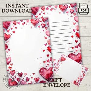 Juego de papelería para el día de San Valentín: descarga digital, elegante PDF con páginas rayadas y en blanco, + sobre para manualidades, tamaño carta de EE. UU., A4
