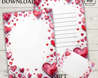 Love Valentine's Day Stationery Set - Digital Download, Elegant PDF with Lined & Blank Pages, + Envelope for Crafting, US Letter, A4